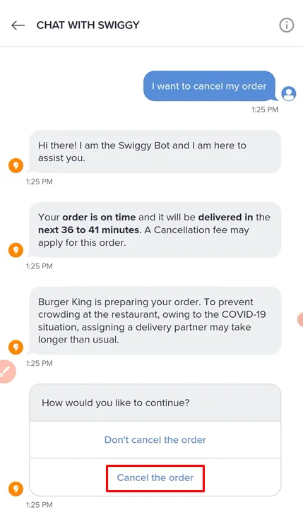 cancel a Swiggy order